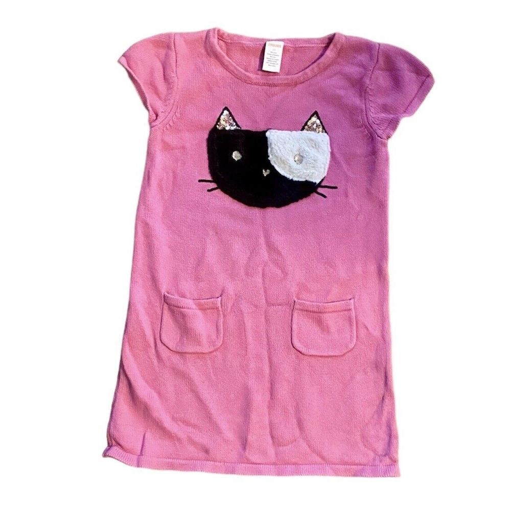 Gymboree Girl's Sweater Dress Pink Size 10 Cat Pockets Soft Cotton Short Sleeves